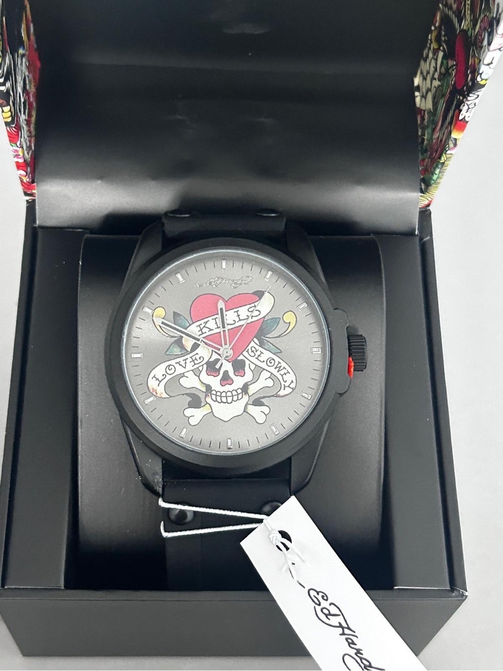 Ed Hardy Black Men’s Watch with Pink Heart Skull Dial